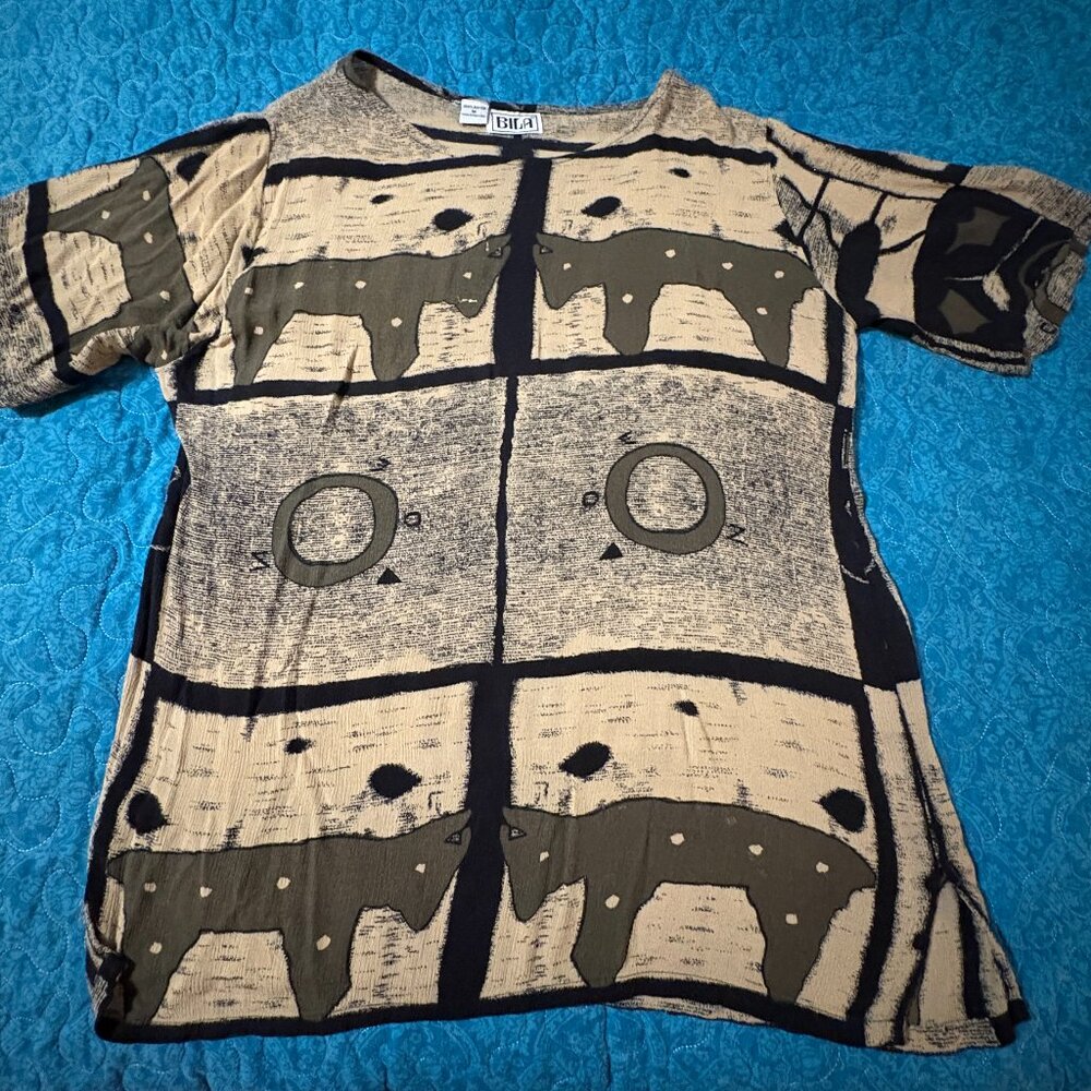 Vintage BILA Short Sleeve Tibal Beige Brown Boho Ethnic Tunic Women's Size M